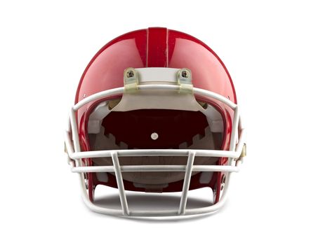 Red American football helmet isolated on a white background with detailed clipping path.