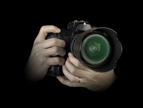 Men's hands held camera closeup