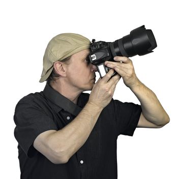 Men's hands held camera on white background