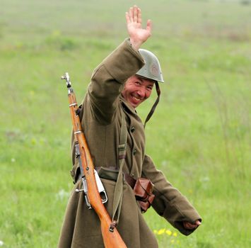 ODESSA, UKRAINE - MAY 8. "Odessa historical military club" demonstrates for public historical reconstruction of a combat between Soviet and German armies during World War 2 on May 8, 2011 in Odessa