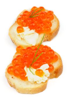 Two Snacks with Delicious Red Caviar, Butter, Spring Onion and Baguette isolated on white background