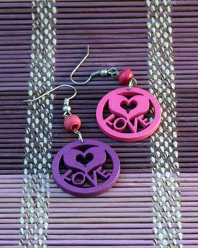 wooden handmade pink and violet earrings love