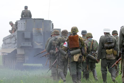 ODESSA, UKRAINE - MAY 6. The "Odessa historical military club" demonstrates for public historical reconstruction of combat between Soviet and German armies during World War 2 on May 6, 2012 in Odessa