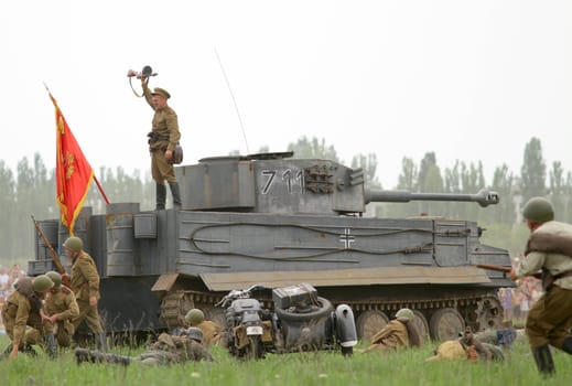 ODESSA, UKRAINE - MAY 6. The "Odessa historical military club" demonstrates for public historical reconstruction of combat between Soviet and German armies during World War 2 on May 6, 2012 in Odessa