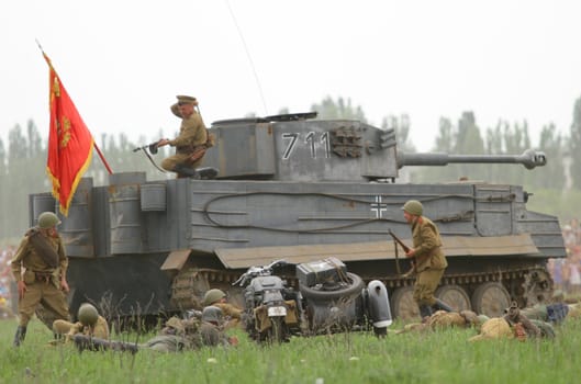 ODESSA, UKRAINE - MAY 6. The "Odessa historical military club" demonstrates for public historical reconstruction of combat between Soviet and German armies during World War 2 on May 6, 2012 in Odessa
