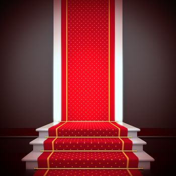 Stage of fame. A 3d illustration blank template of podium with stairs and red carpet.