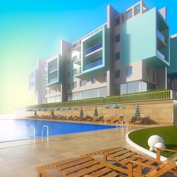 Swimming pool and modern hotel. A 3d illustration of idyllic summer background with pool and contemporary building.
