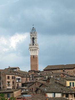 Siena - panorama of the old part of town with a slender tower, Torre del Manga