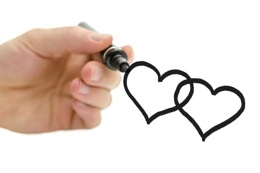 Closeup of male hand drawing two connected hearts on a virtual glass board. Over white background.