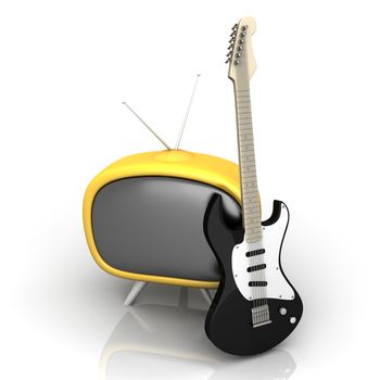 3D rendered Illustration. Isolated on white. Retro tube TV with an classic electric Guitar.