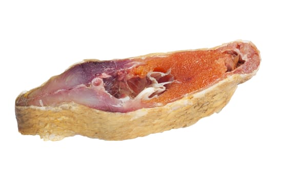 a piece of fish with red caviar on a white background