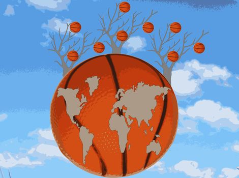 Map of the world is at a basketball ball and trees against the sky