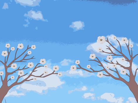 Two trees with delicate flowers pull branches into the sky, drawing