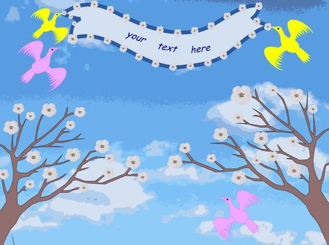 Two trees with flowers, birds keep the tape with space for text, illustration