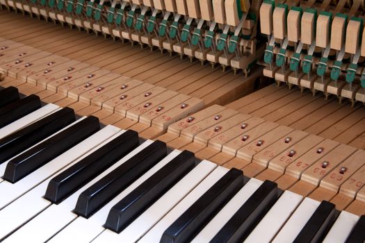 keys and mechanics in the inner side of a piano