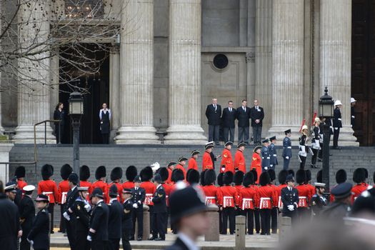 London, UK. April 17th, 2013. The Step Lining Party , comprising 18 Service personnel plus a contingent from the Royal Hospital Chelsea, lines the West Steps of St Paul's Cathedral for the arrival of the Coffin.