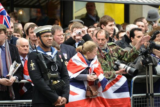 London, UK. April 17th, 2013. Soldier lining Baroness Thatcher procession route on Ludgate Hill.
