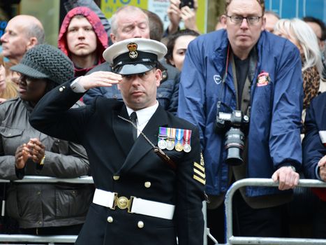 London, UK. April 17th, 2013. Soldier lining Baroness Thatcher procession route on Ludgate Hill.