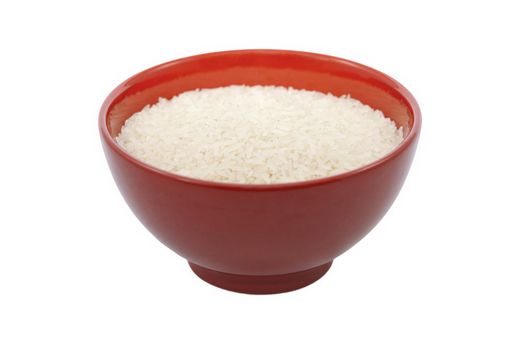 White rice in red bowl isolated on white background