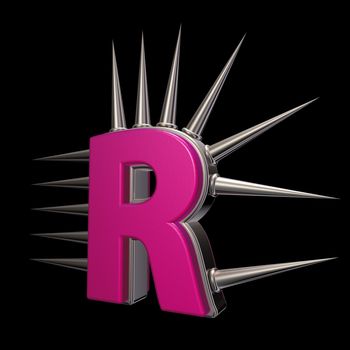 letter r with metal prickles on black background - 3d illustration