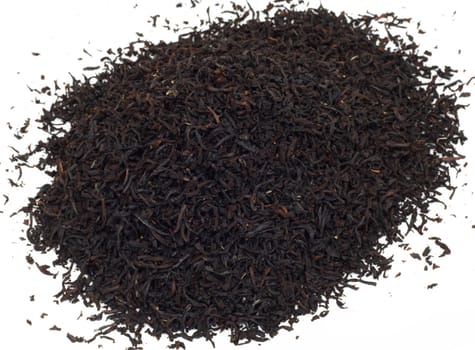 Handful of black tea leaves on white background 