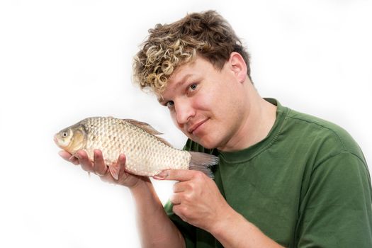 a man with a fish on a white background