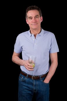 Handsome Smiling Middle Age Man Holding Drink Black Background