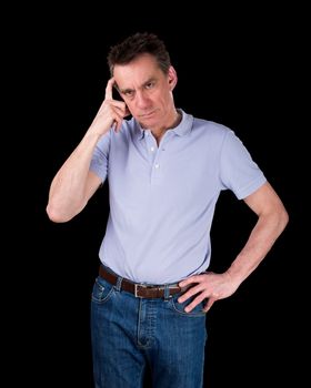 Frowning Confused Middle Age Man Scratching Head in Thought Black Background