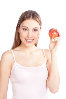 Happy young woman holding apple isolated on white background.