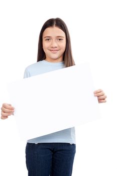 Happy smiling girl holding blank placard.