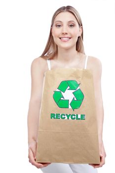 woman holding paper recycling bag