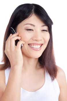 Young woman talking cellphone isolated on white background.