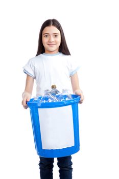 Young happy girl holding recycling waste bin.