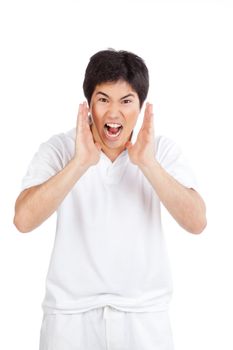 Young asian man yelling isolated on white background.