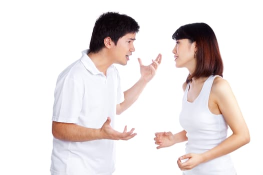 Angry couple arguing isolated on white background.