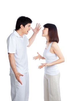 Angry couple arguing isolated on white background.