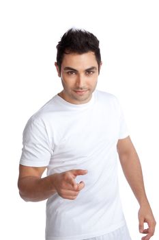 Portrait of young man pointing finger isolated on white background.