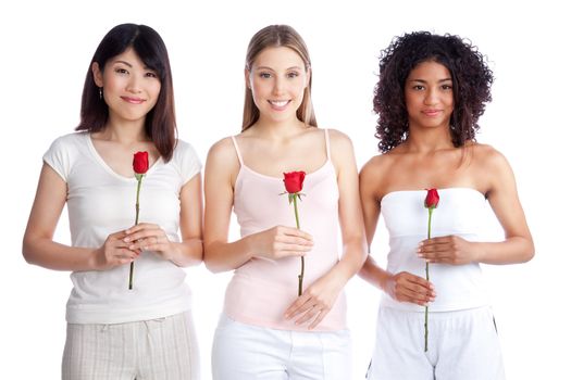 Multiethnic group of young woman holding red rose isolated on white background.
