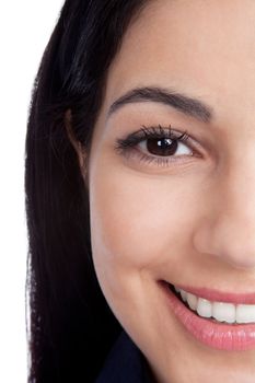 Close-up of beautiful woman face isolated on white background.