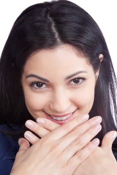 Portrait of happy young woman isolated on white background.