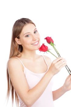 Young happy woman with red rose isolated on white background.
