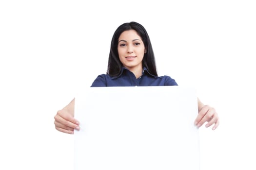 Close-up of businesswoman holding blank placard isolated on white background.