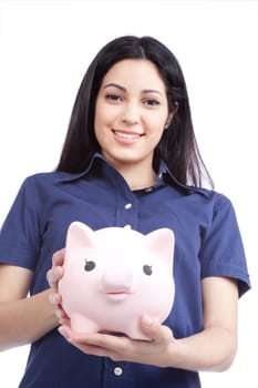 Smiling woman holding piggy bank isolated on white background.