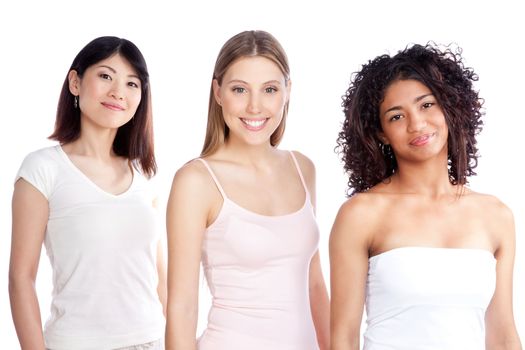 Multiethnic group of young woman isolated on white background.