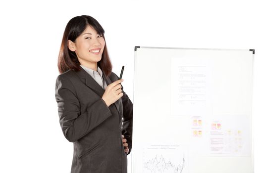 Smiling businesswoman and businessman giving a presentation in office.