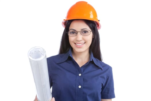 Woman architect with hardhat and blueprints isolated on white background.