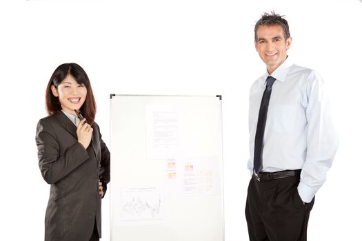 Smiling businesswoman and businessman giving a presentation in business.