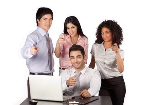 Businessman and businesswoman pointing finger at work isolated on white background.