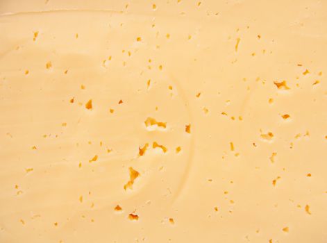 Background of fresh yellow Swiss cheese with holes 