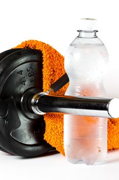 Gym and fitness equipment barbell, water, towel